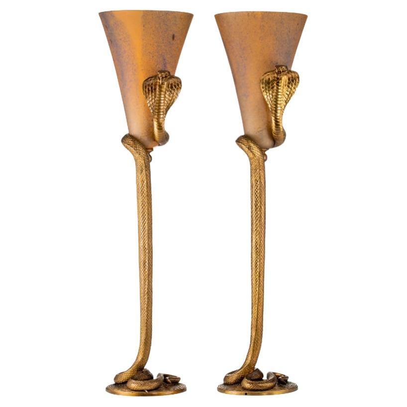 Edgar Brandt 'After' Pair of Table "Cobra" Lamps For Sale