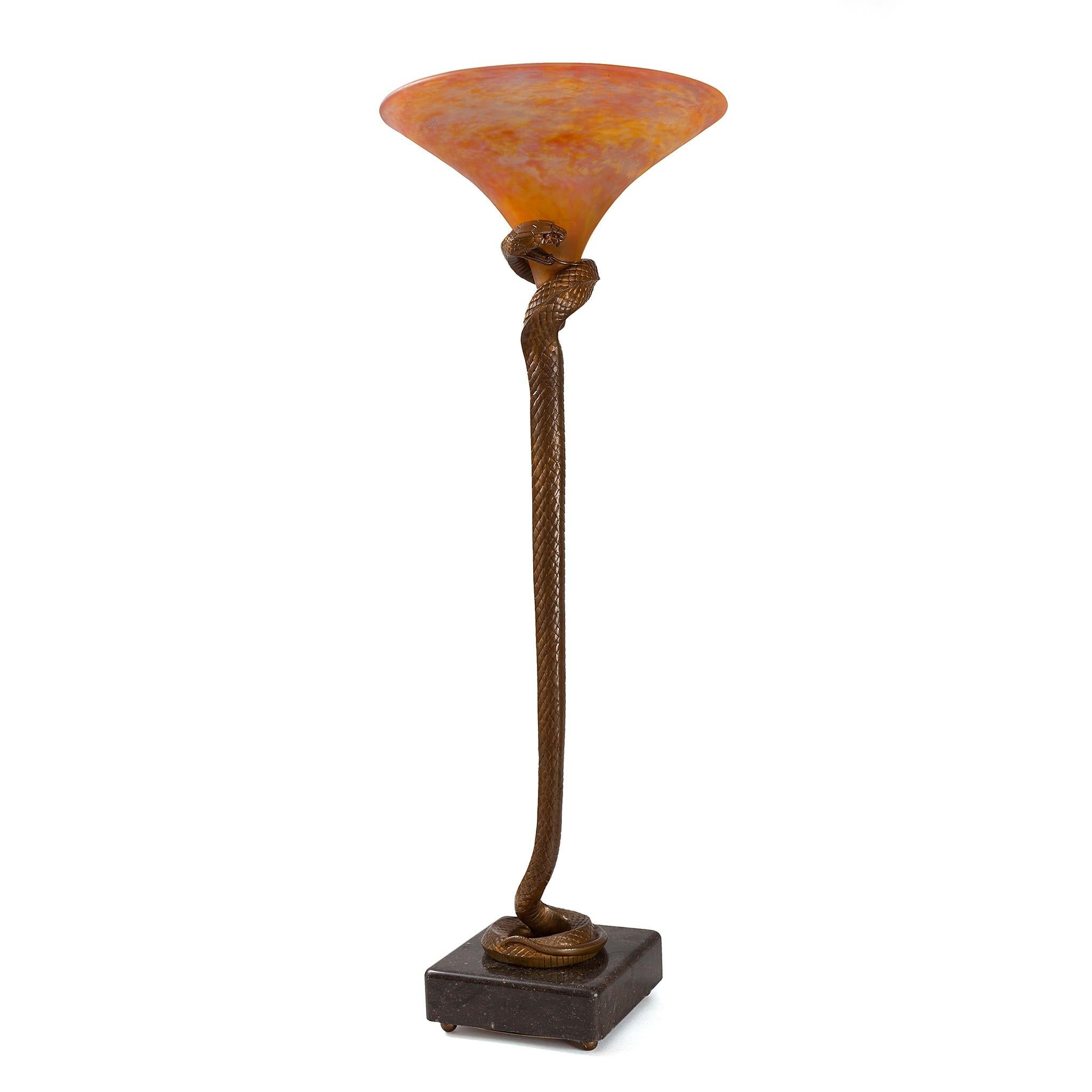 Art Deco Edgar Brandt and Daum “La Tentation” Table Lamp For Sale