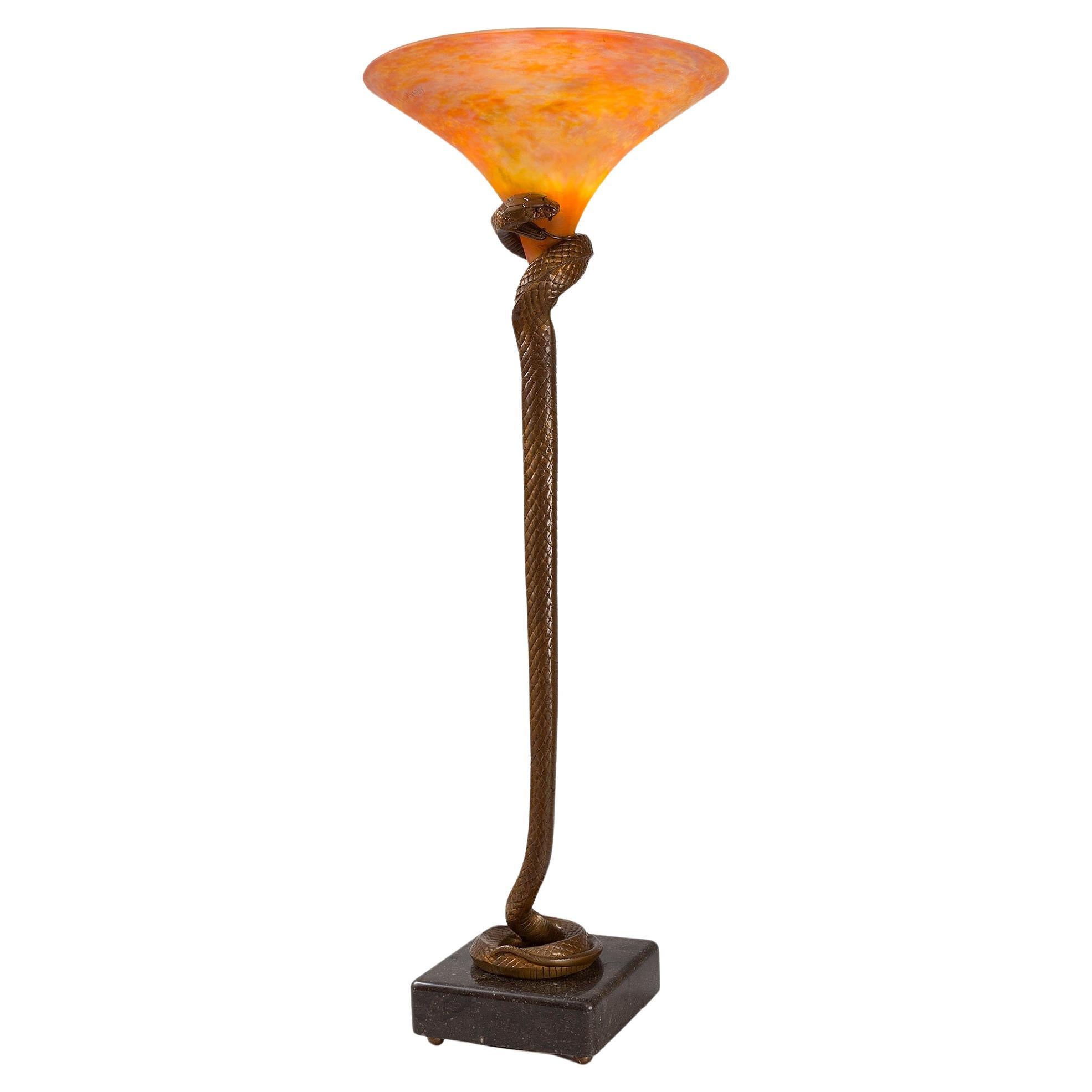 Edgar Brandt and Daum “La Tentation” Table Lamp For Sale