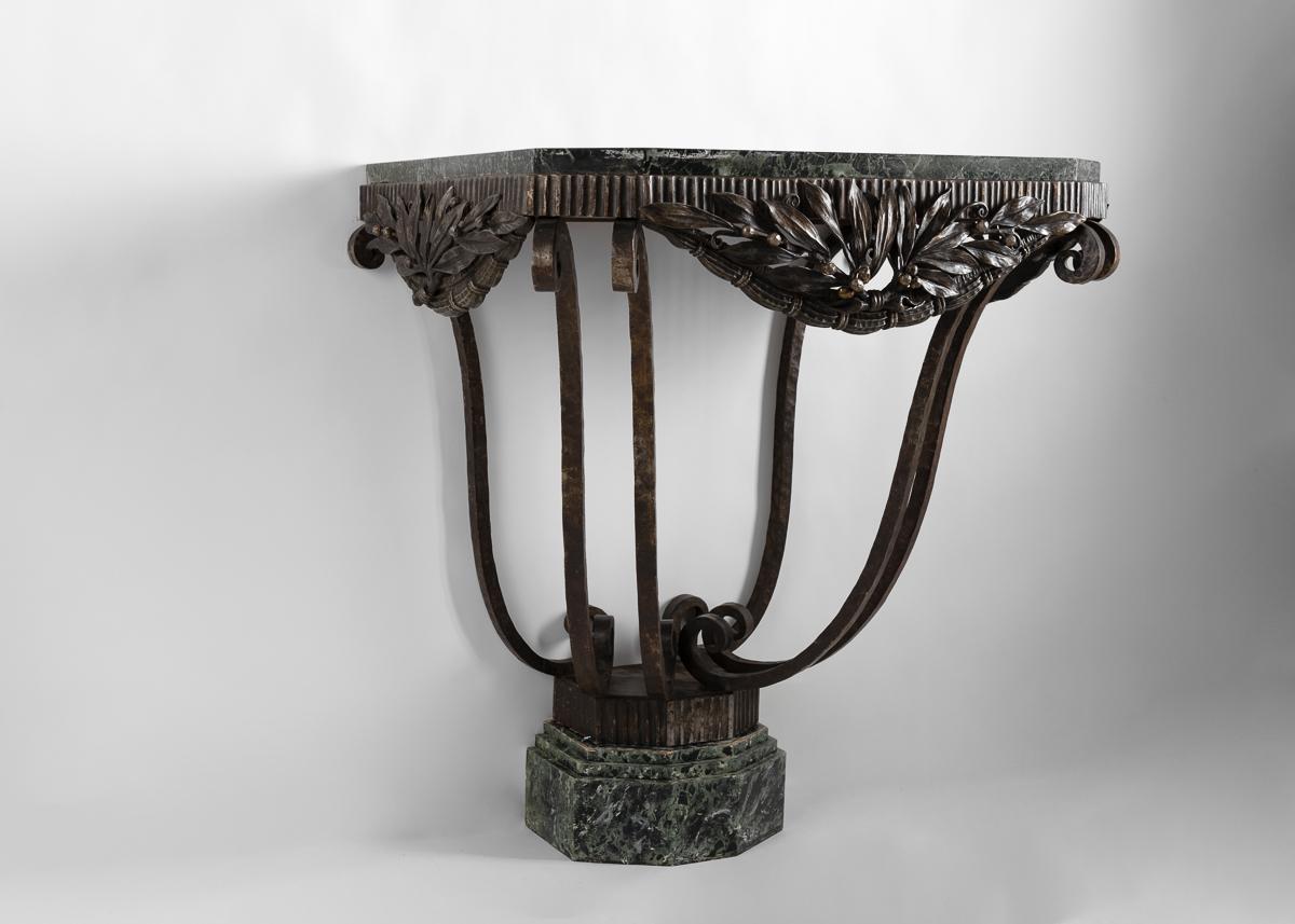 French Edgar Brandt, Art Deco Wrought Iron & Marble Console, France, c. 1925 For Sale