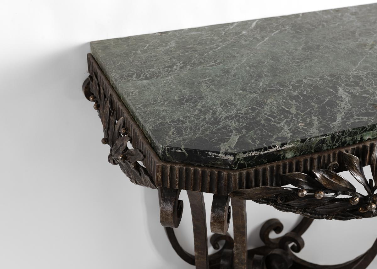 Edgar Brandt, Art Deco Wrought Iron & Marble Console, France, c. 1925 In Good Condition For Sale In New York, NY