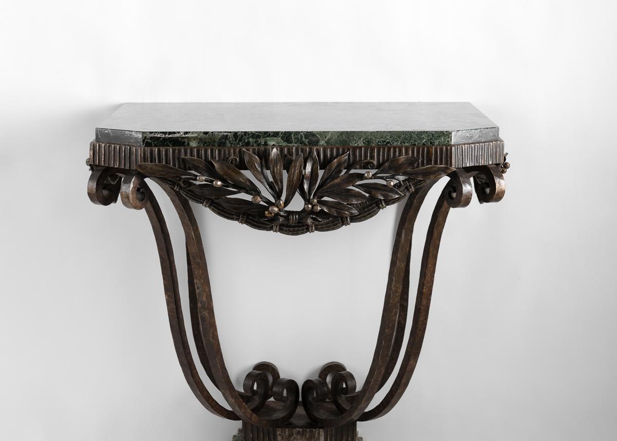 Early 20th Century Edgar Brandt, Art Deco Wrought Iron & Marble Console, France, c. 1925 For Sale
