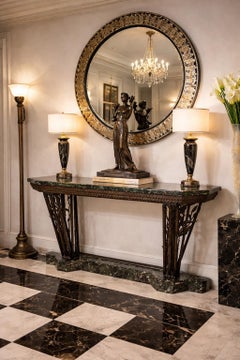 Edgar Brandt Attributed Wrought Iron Verdi Marble Top and Base Console Table