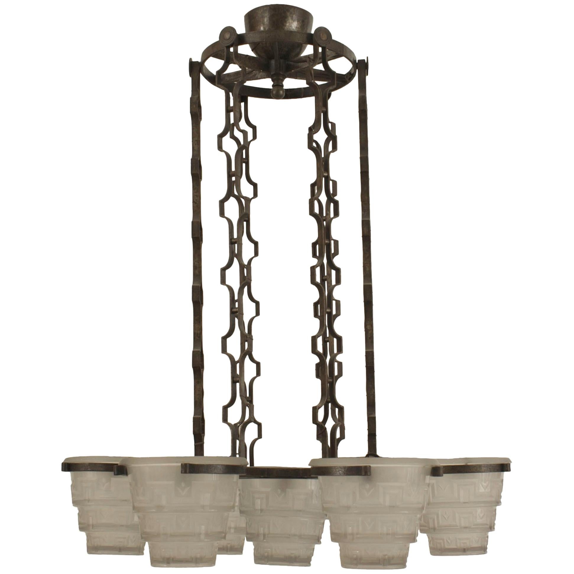 Edgar Brandt French Art Deco Brandt Wrought Iron and Glass Chandelier For Sale