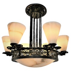 Antique Edgar Brandt French Iron and Alabaster Chandelier