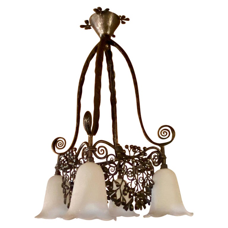 Edgar Brandt Edgar Brandt Gingko Leaves Chandelier 4 Daum Glass Shades Signed Edgar Brandt Edgar Brandt Gingko Leaves Chandelier 4 Daum Glass Shades Signed