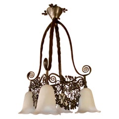 Edgar Brandt Gingko Leaves Chandelier 4 Daum Glass Shades Signed