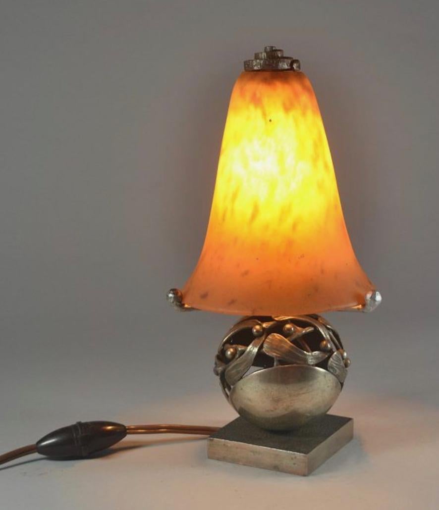Art Deco Edgar Brandt Iron and Daum Nancy Glass Table Lamp Sculpture