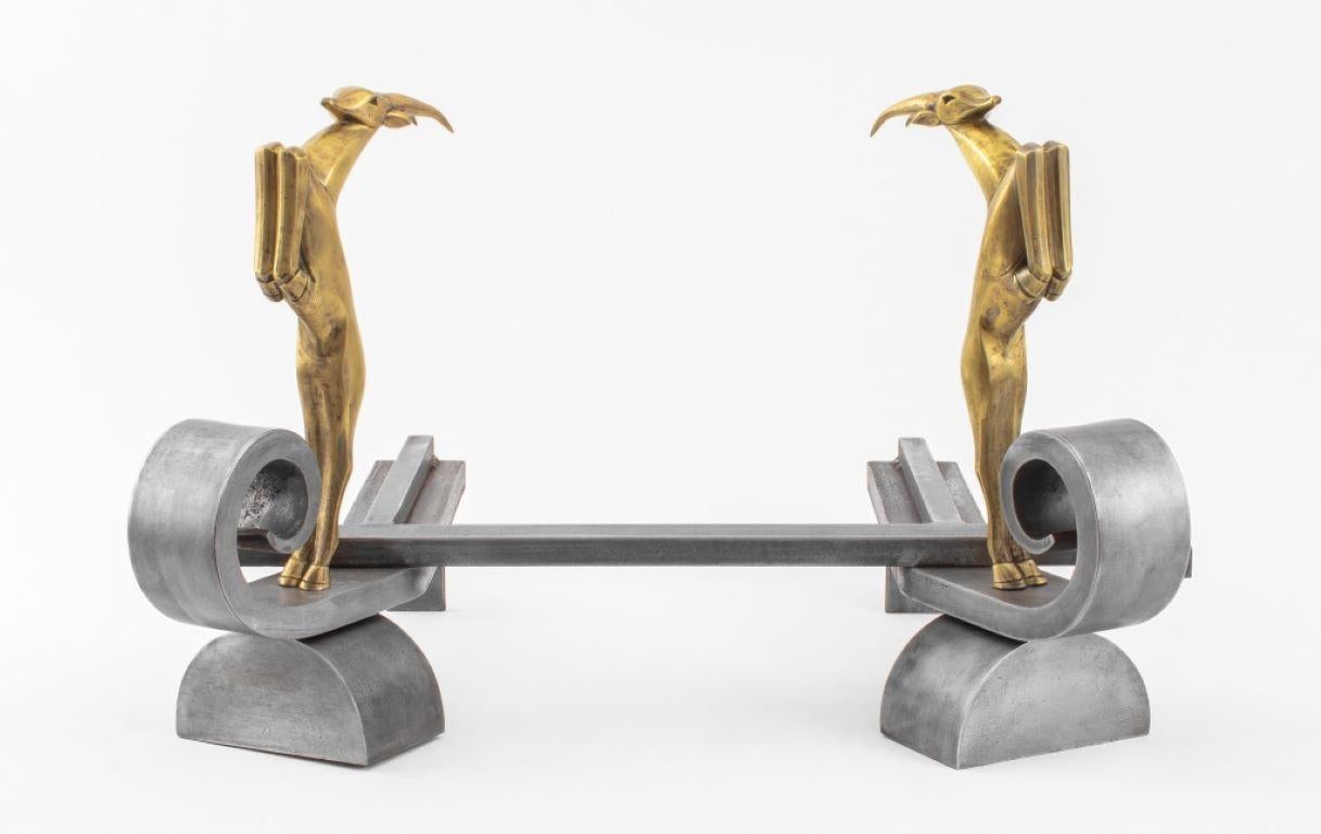 Art Deco Edgar Brandt Leaping Stag Andirons, Pair For Sale