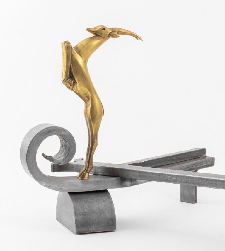 Edgar Brandt Leaping Stag Andirons, Pair In Good Condition For Sale In New York, NY