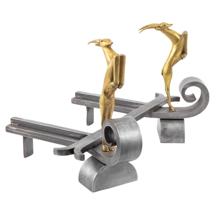 Edgar Brandt Leaping Stag Andirons, Pair For Sale