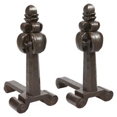 Edgar Brandt, Pair of Massive Andirons in Iron, circa 1920