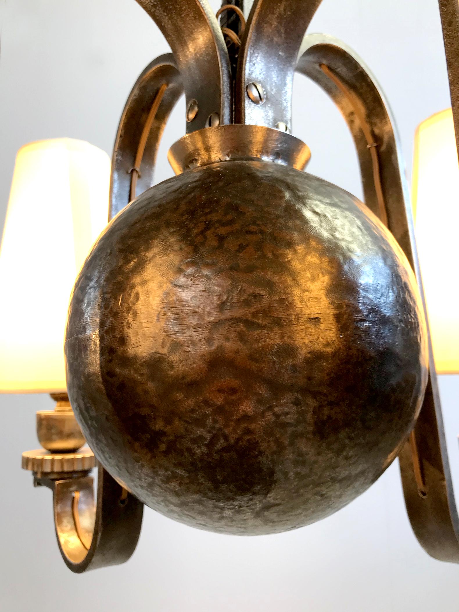 French Edgar Brandt, Pendant Lamp in Four Lights, France, 1930 For Sale
