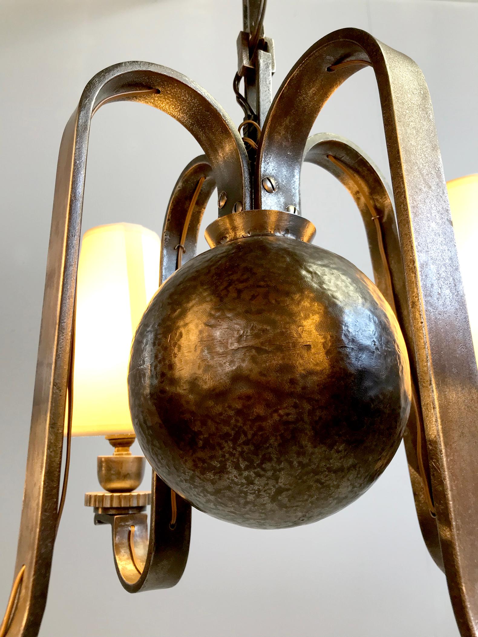Iron Edgar Brandt, Pendant Lamp in Four Lights, France, 1930 For Sale