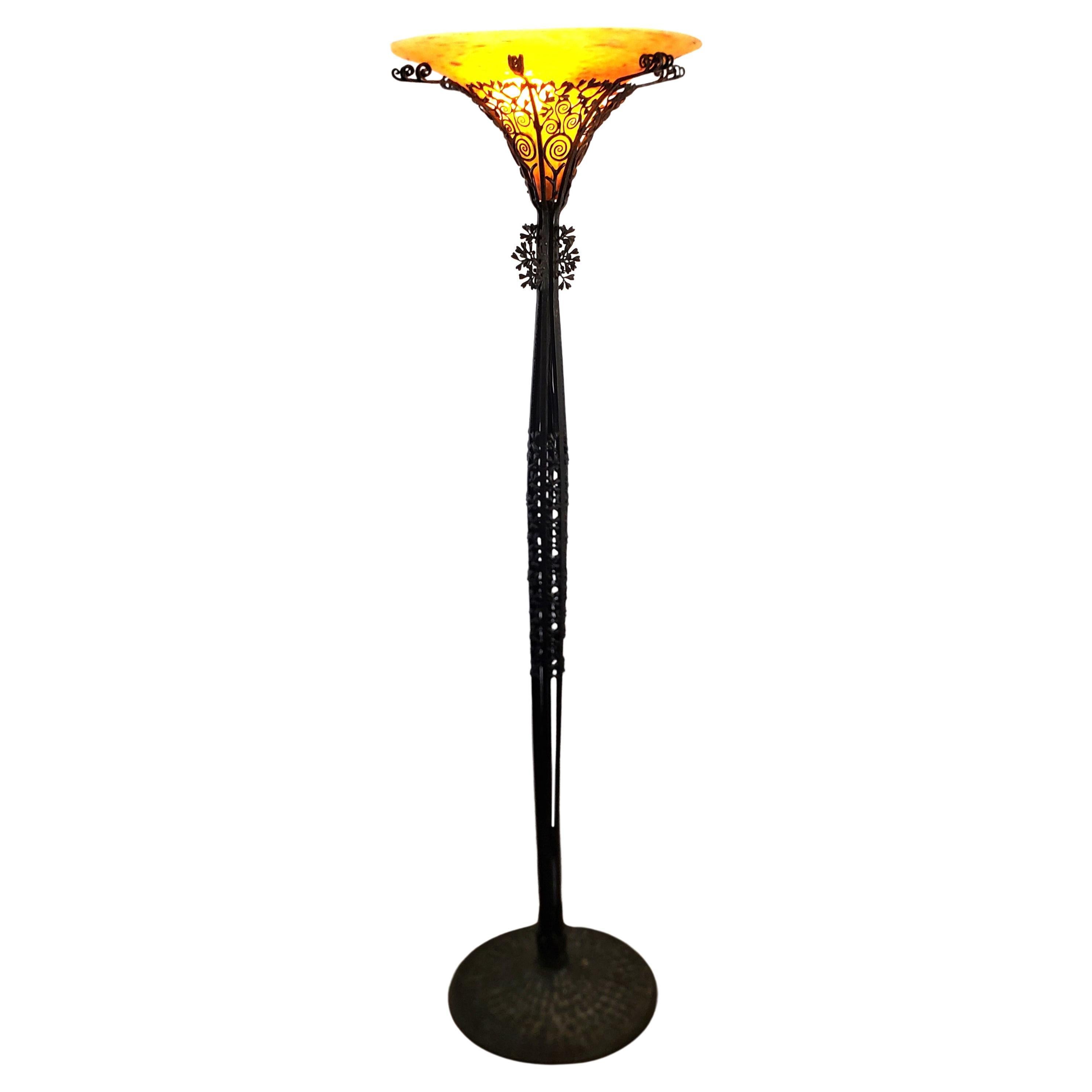 Edgar Brandt Signed & Daum Shade Antique French Art Deco Torchiere Floor Lamp For Sale
