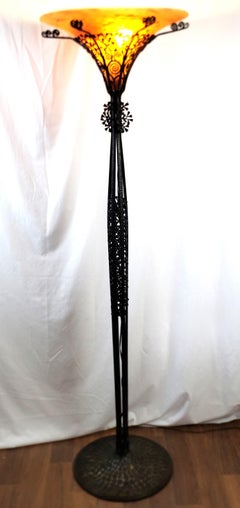 Edgar Brandt Signed & Daum Shade Antique French Art Deco Torchiere Floor Lamp