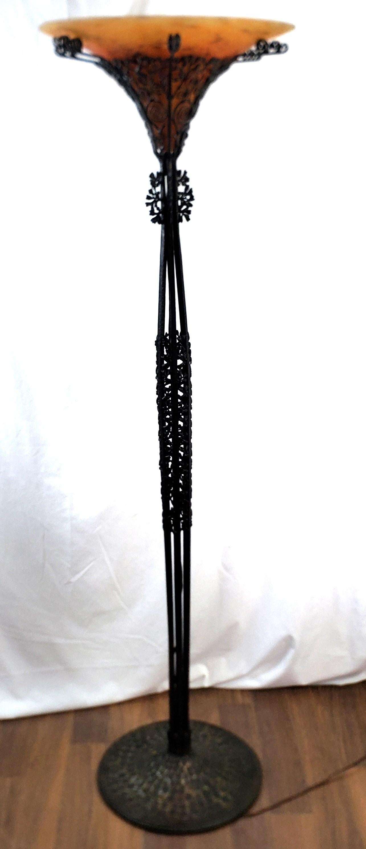 20th Century Edgar Brandt Signed & Daum Shade Antique French Art Deco Torchiere Floor Lamp  For Sale