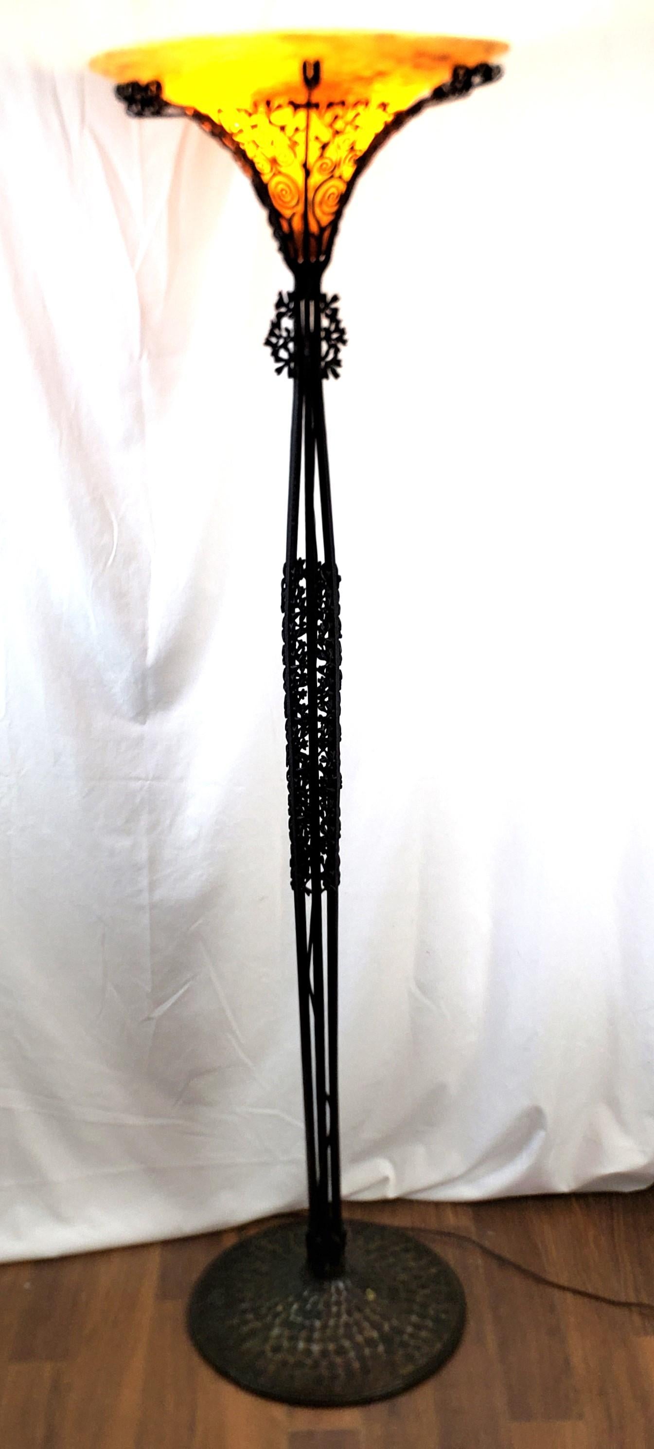 Edgar Brandt Signed & Daum Shade Antique French Art Deco Torchiere Floor Lamp  For Sale 2