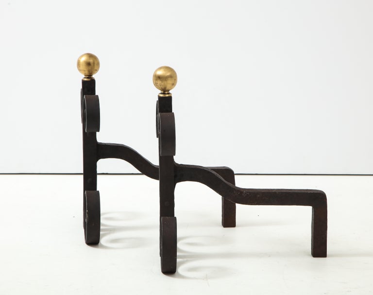 Edgar Brandt Style Bronze and Iron Andirons For Sale at 1stDibs