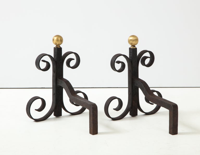 Edgar Brandt Style Bronze and Iron Andirons For Sale at 1stDibs