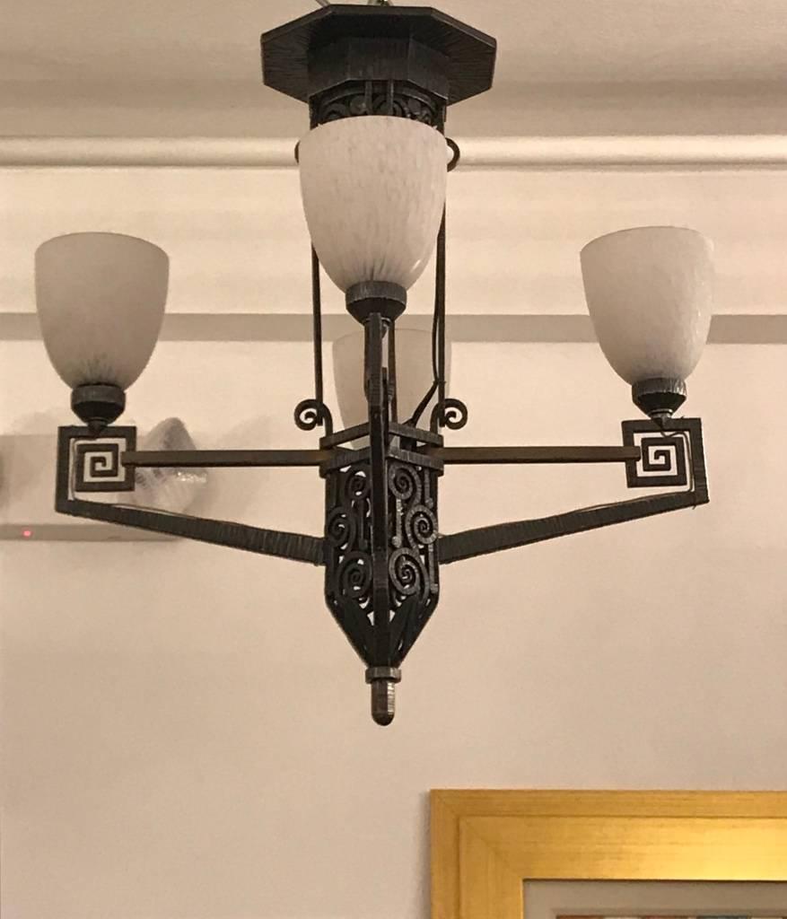 Edgar Brandt Style French Art Deco Chandelier In Excellent Condition For Sale In North Bergen, NJ