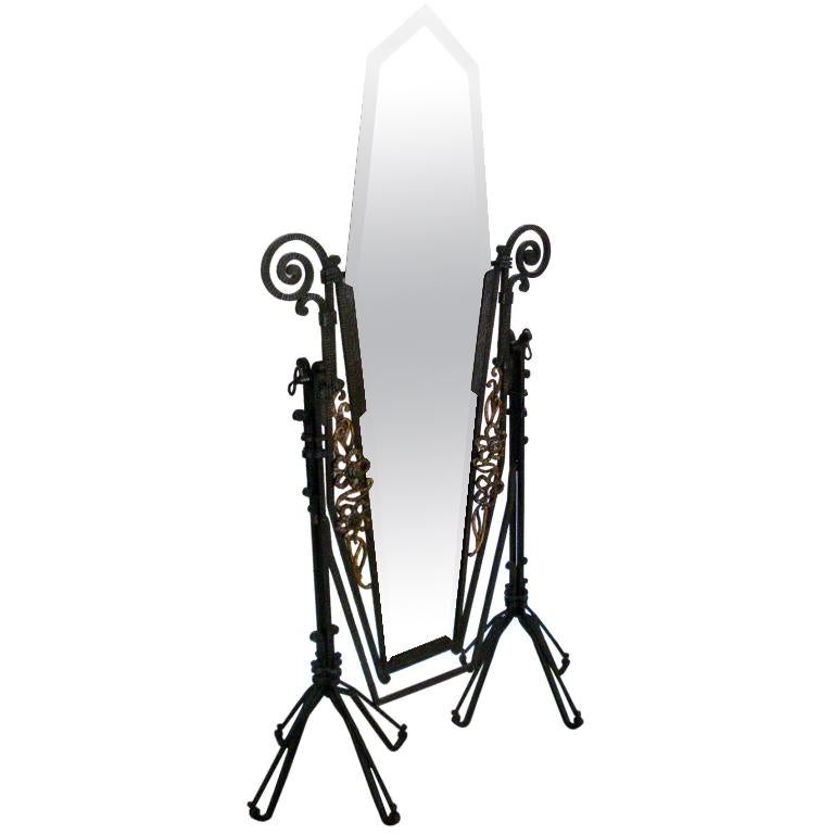 Edgar Brandt Style French Art Deco Forged Iron Standing Mirror For Sale