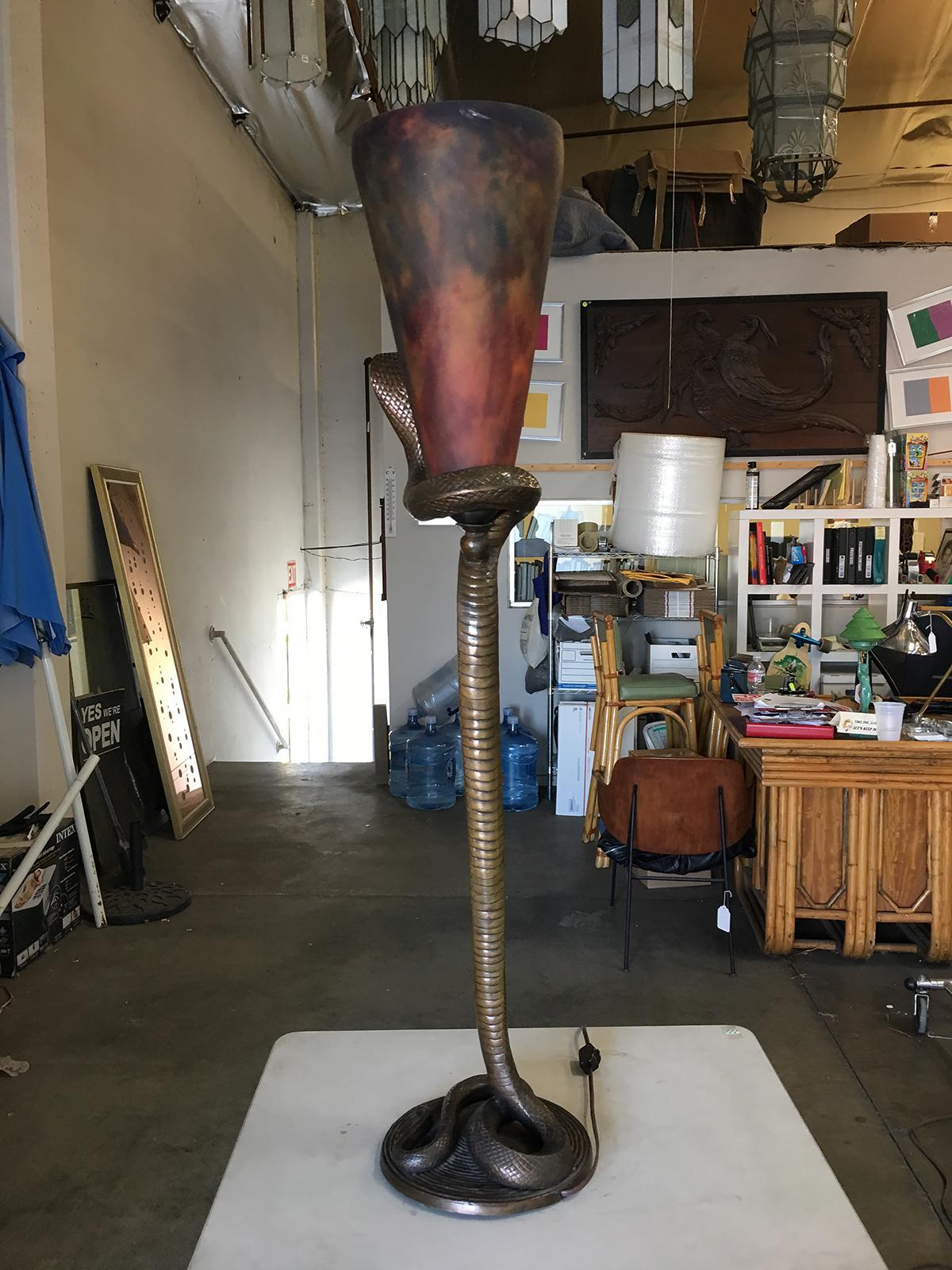 Hand Cast Art Deco Bronze Snake Floor Lamp In Excellent Condition In Van Nuys, CA