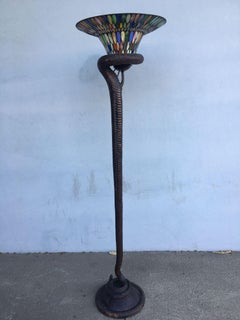 Edgar Brandt Style Bronze Snake Floor Lamp W/ Stained Glass Shade, 2 Available