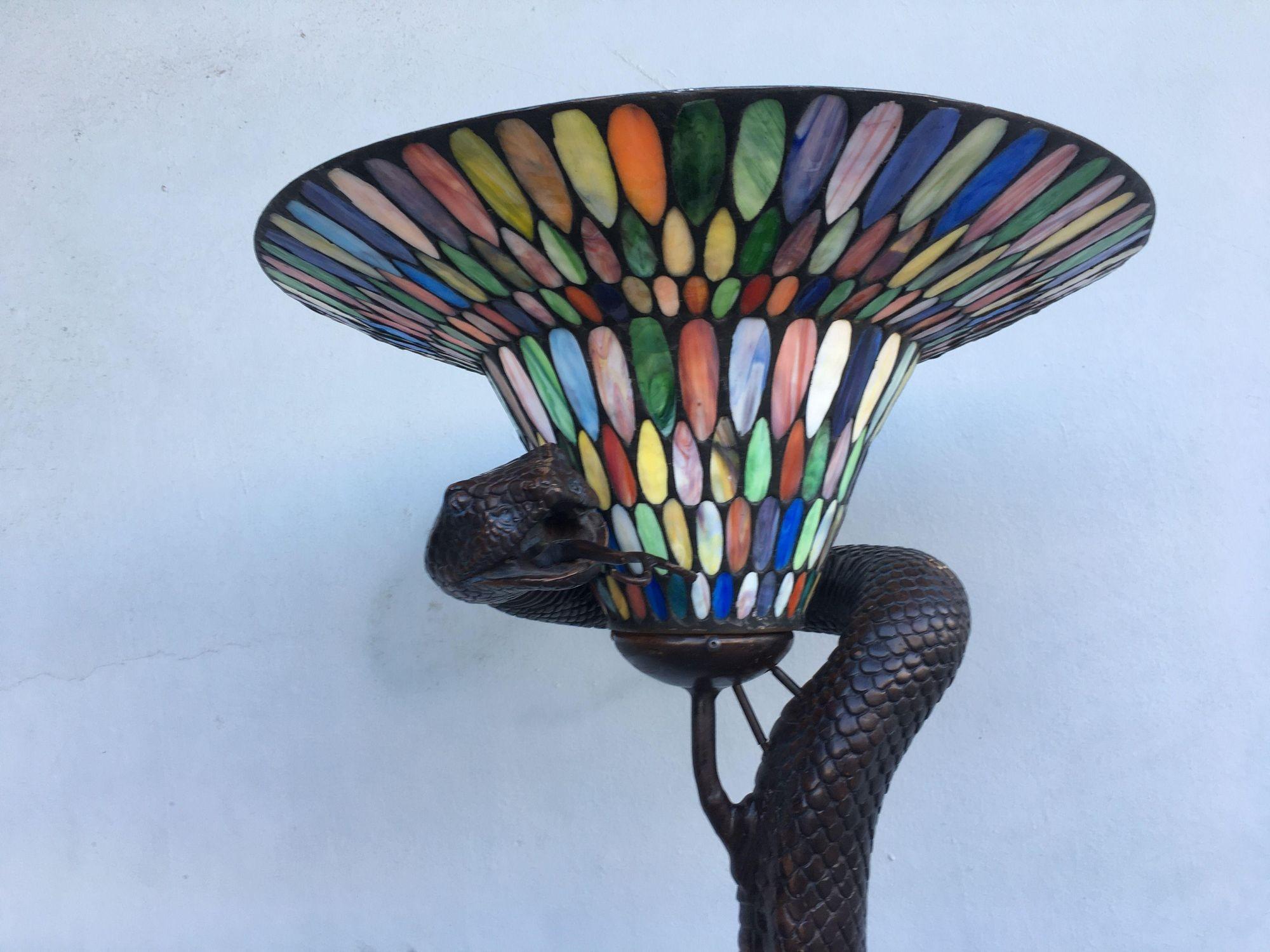 Edgar Brandt Style Hand Casted Bronze Snake Floor Lamp W/ Stained Glass Shade In Excellent Condition For Sale In Van Nuys, CA