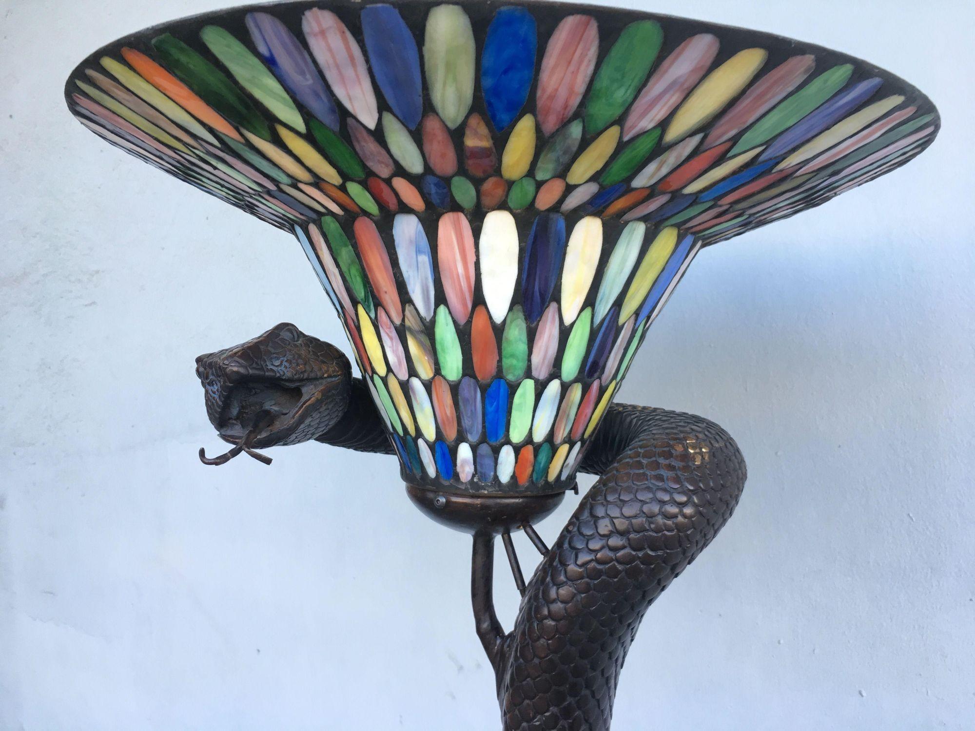 Early 20th Century Edgar Brandt Style Hand Casted Bronze Snake Floor Lamp W/ Stained Glass Shade For Sale