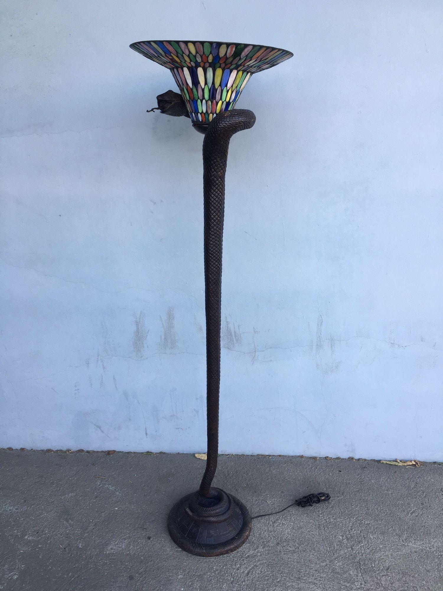 Edgar Brandt Style Hand Casted Bronze Snake Floor Lamp W/ Stained Glass Shade For Sale 5