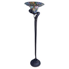 Edgar Brandt Style Hand Casted Bronze Snake Floor Lamp W/ Stained Glass Shade