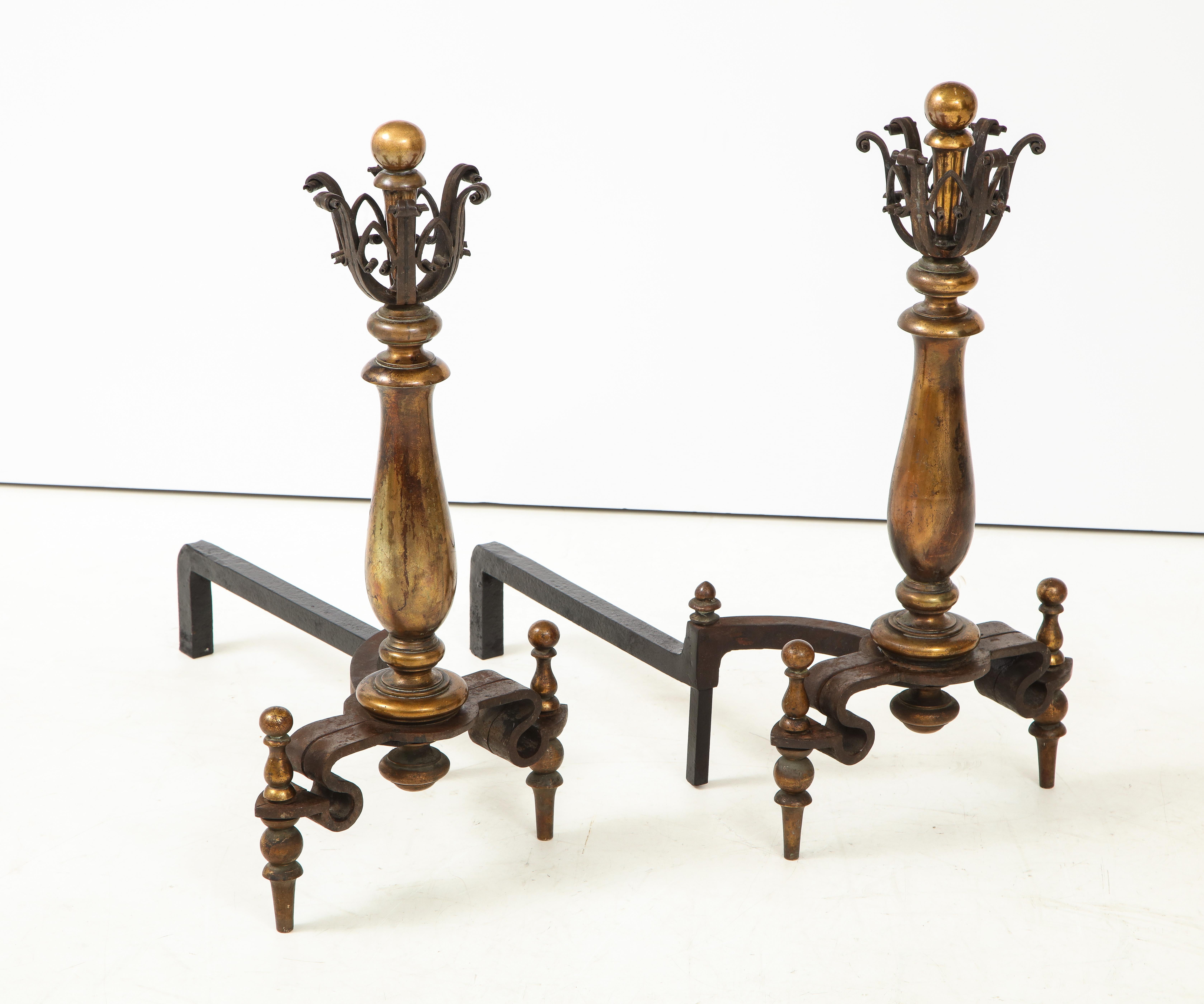 Edgar Brandt Style Iron, Brass Andirons In Good Condition For Sale In New York, NY