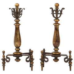 Edgar Brandt Style Iron, Brass Andirons