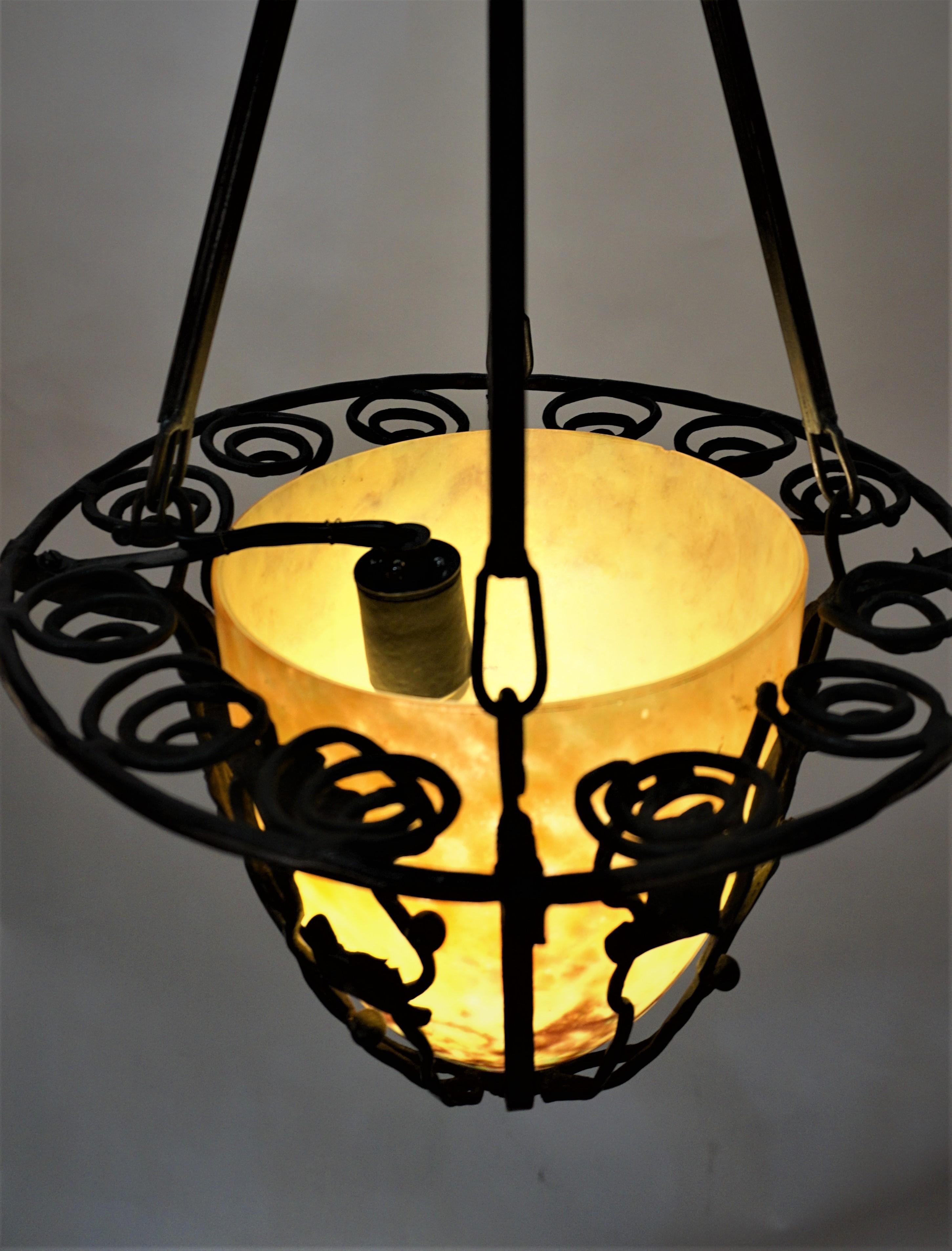 Early 20th Century Edgar Brandt Stylewrought Iron with Sign Daum Nancy Glass Chandelier