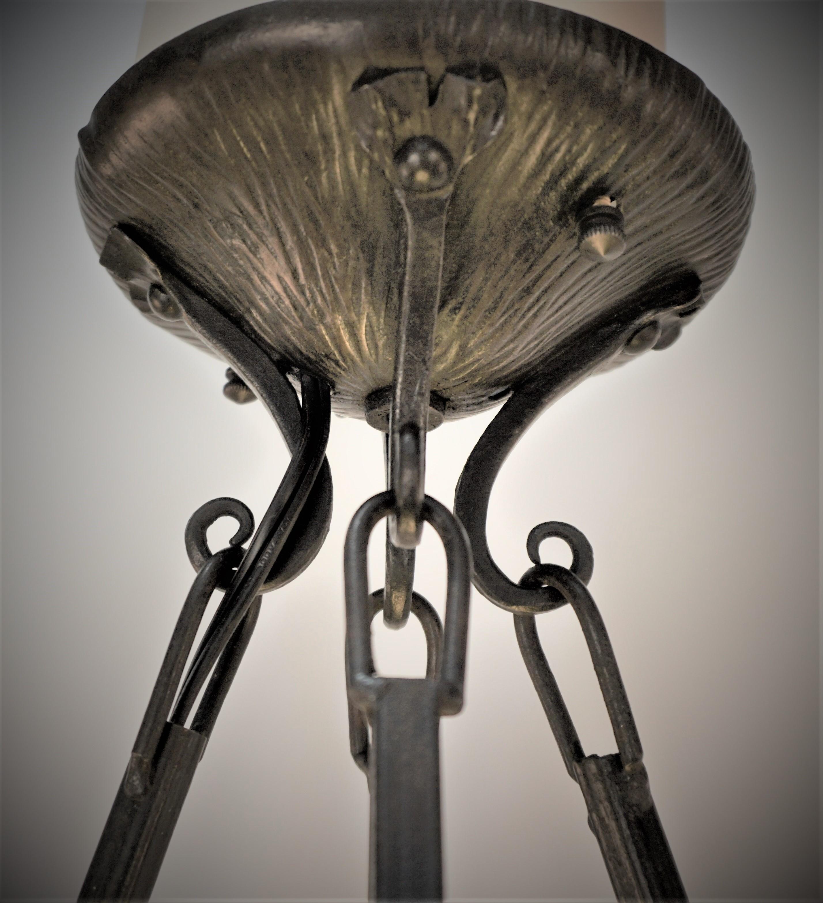 Art Glass Edgar Brandt Stylewrought Iron with Sign Daum Nancy Glass Chandelier