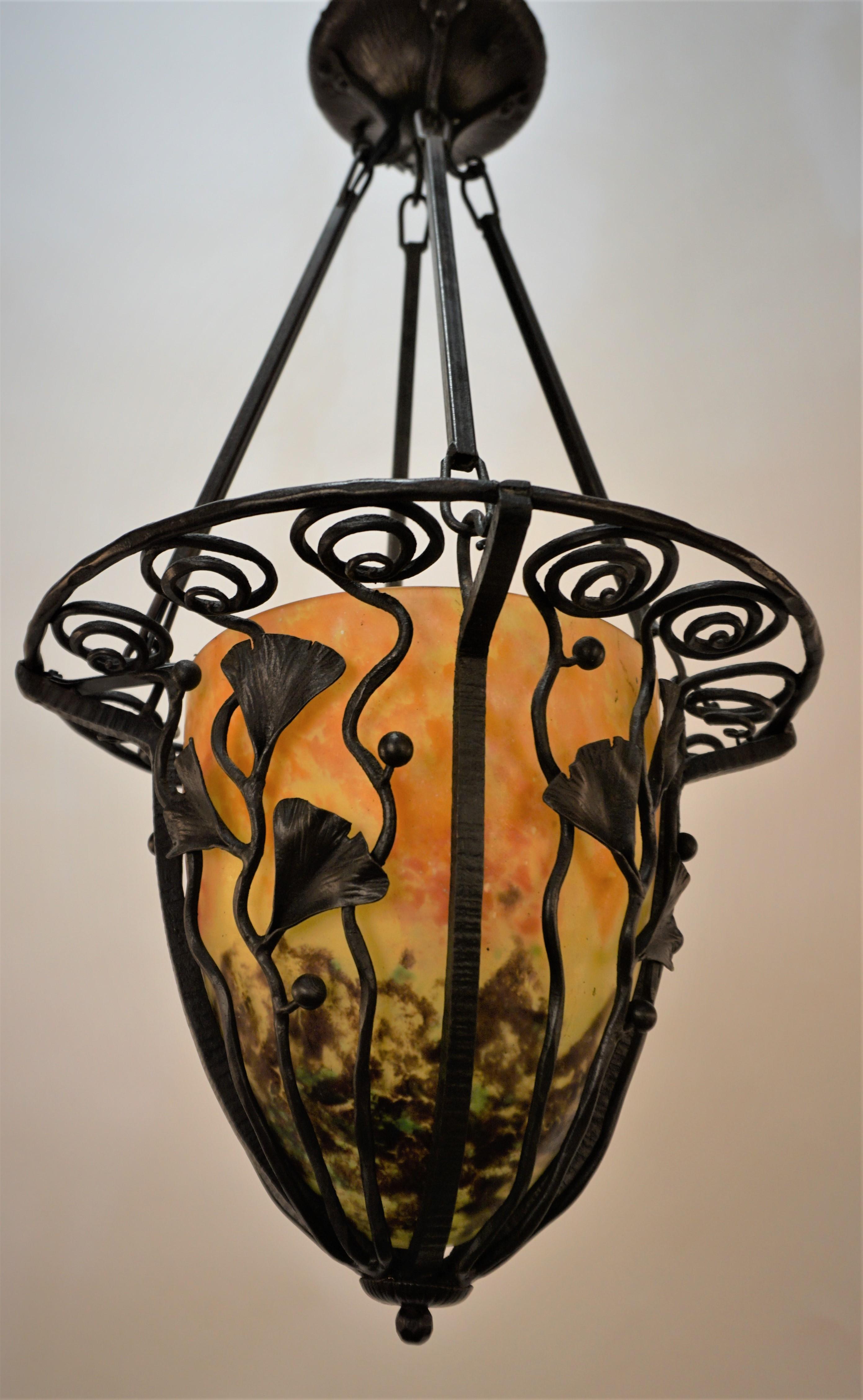 Edgar Brandt Stylewrought Iron with Sign Daum Nancy Glass Chandelier 2