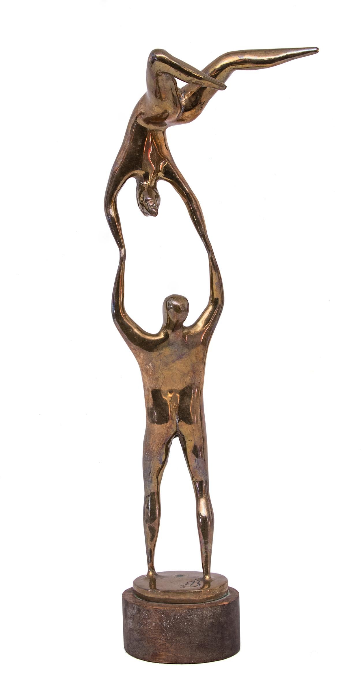 Original Mid-Century Modern style bronze sculpture of a male nude suspending a female nude figure overhead by 20th century Colorado artist, Edgar Britton (1901-1982), signed 