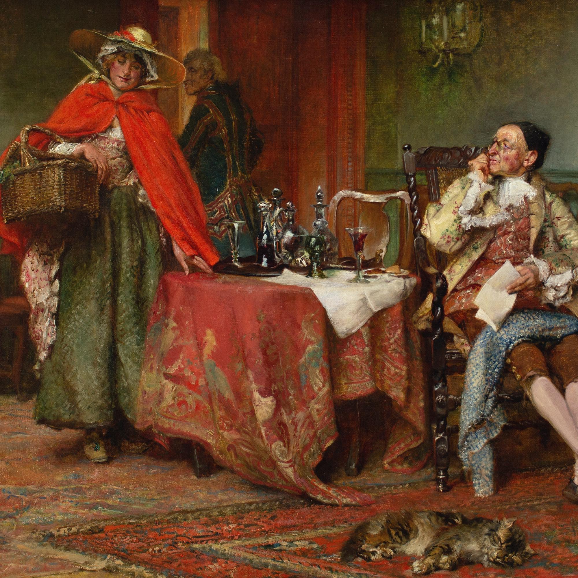Questo spiritoso dipinto a olio dell'inizio del XX secolo dell'artista britannico Edgar Bundy ARA RI RBA (1862-1922) raffigura una giovane donna di campagna che visita la casa dei suoi ricchi parenti, con grande disappunto. Fu esposto alla Royal