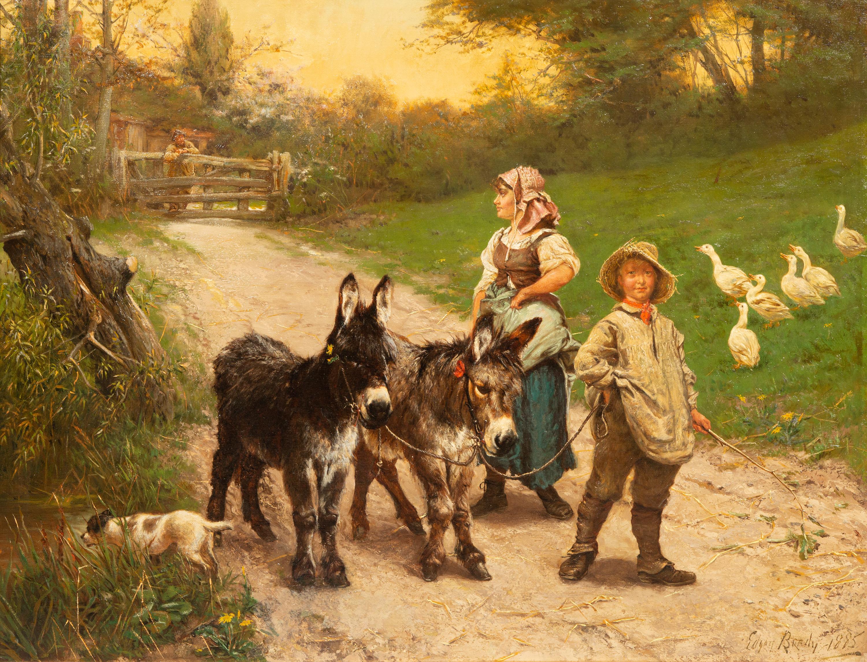 ‘Peasant Children walking the Donkeys’ by Edgar Bundy (1862 – 1922), dated 1885 For Sale 1