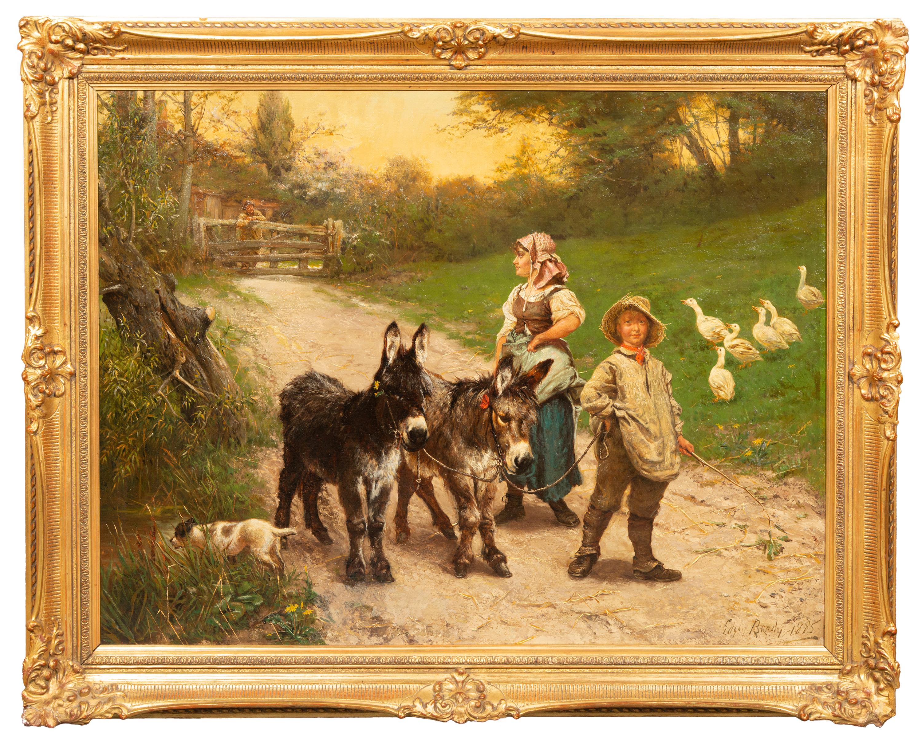Edgar Bundy
Brighton 1862 – 1922 London
British Painter

‘Peasant Children walking the Donkeys’

Signature: signed lower right and dated ‘Edgar Bundy 1885' Medium: oil on canvas 
Dimensions: image size 71 x 92 cm, frame size 87 x 107,5 cm

Notes: