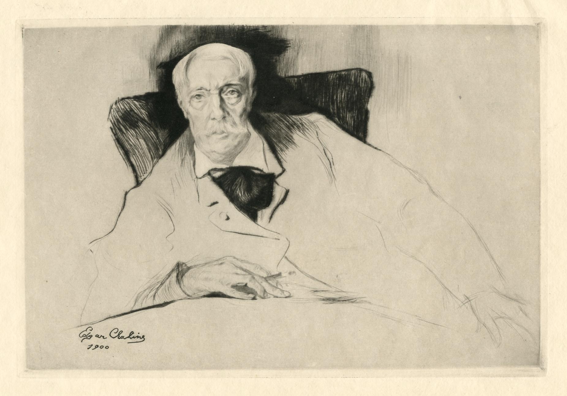 Edgar Chahine Portrait Print – „Alfred Stevens“ Originalradierung und Kaltnadelradierung auf Japon-Papier