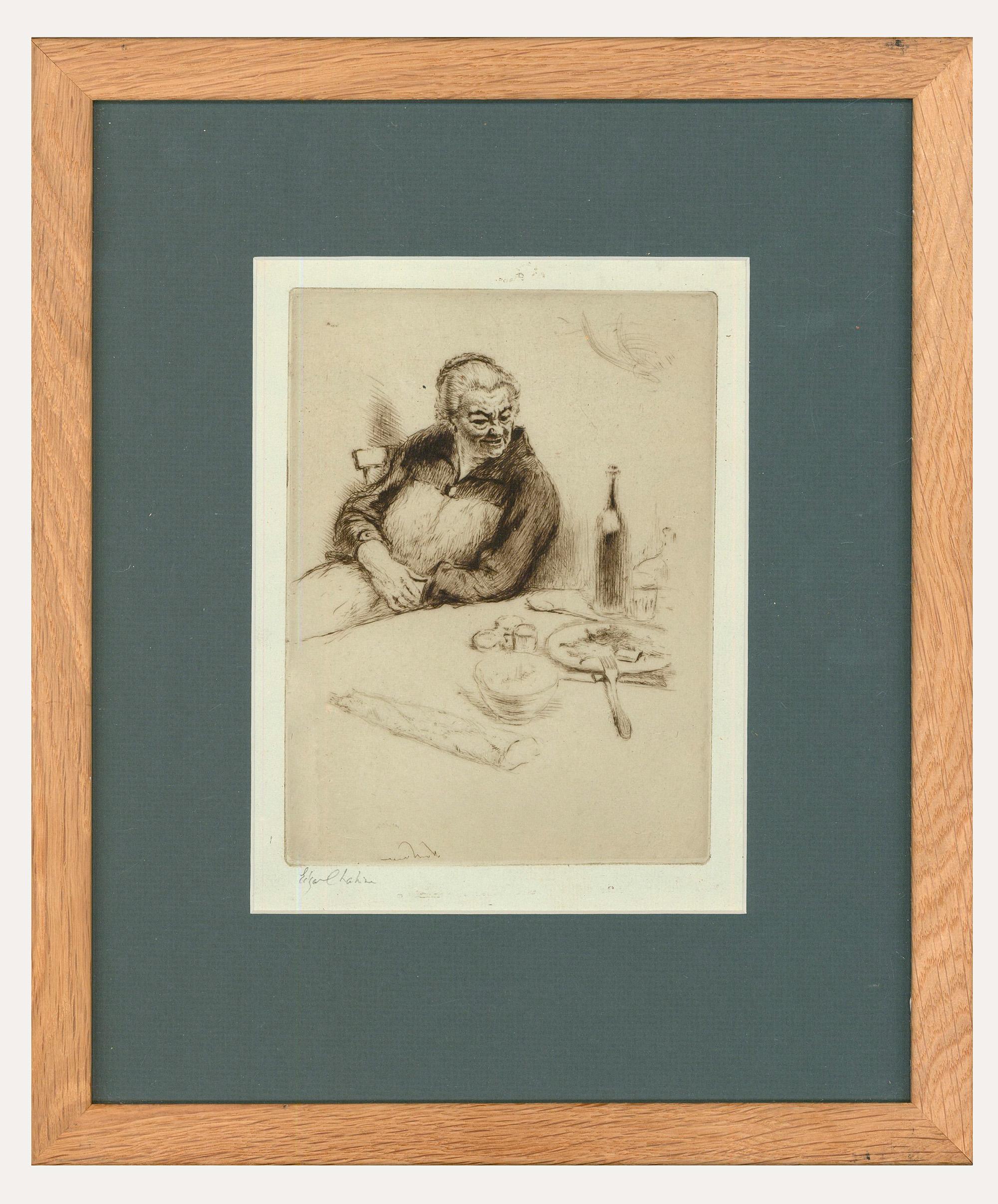 A crisp etching of a french women seated at the supper table. Chahine has captured the figure with a disgruntled expression, staring down at a half eaten plate of food. The thought provoking scene has been signed in pencil below plate lines.