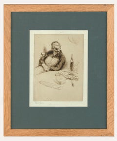 Edgar Chahine (1874-1947), encadré, gravure du début du 20e siècle, assis pour la fourniture