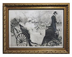 Antique "La Promanade" Black and White Print of a Women in a Carriage Edition 