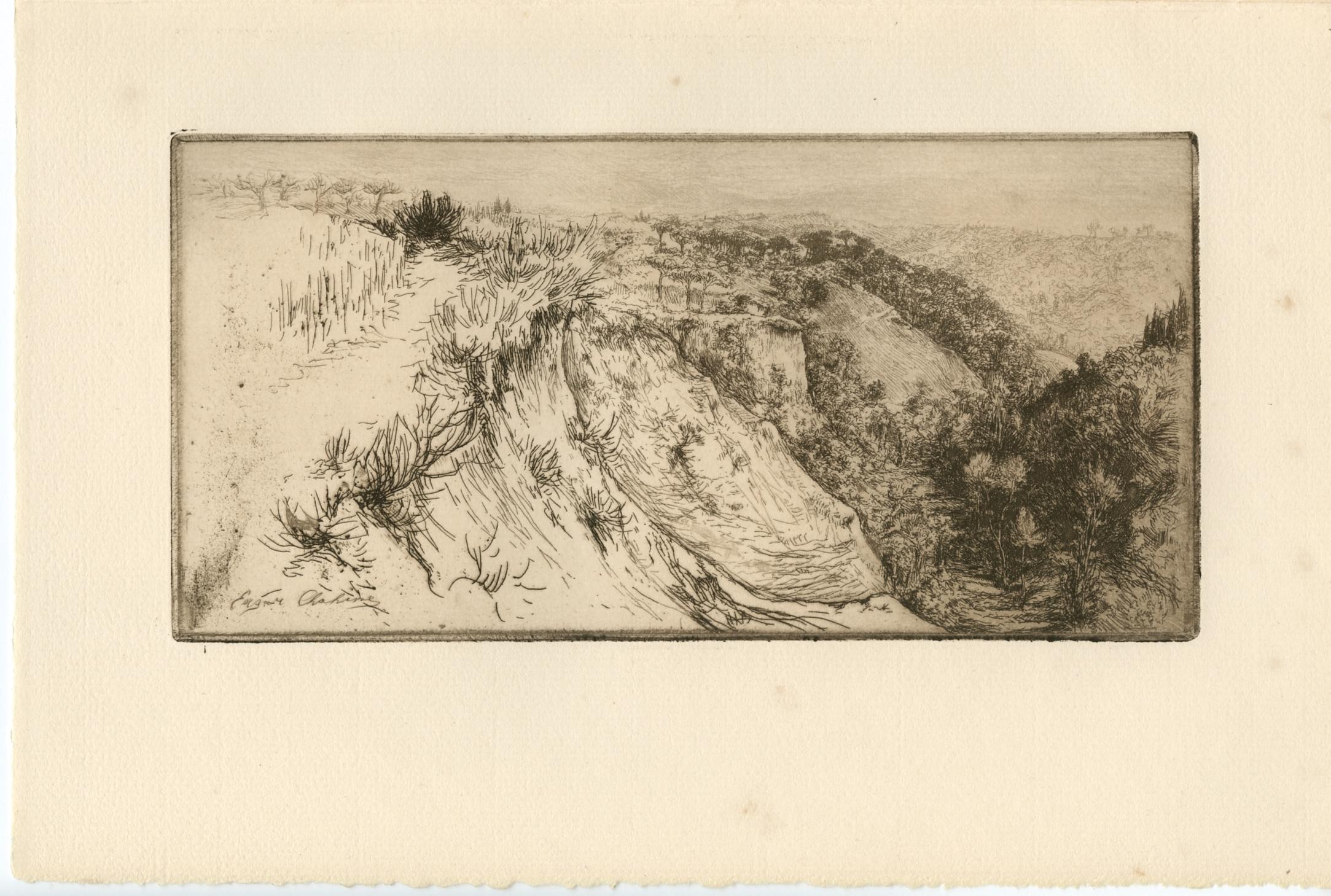 Edgar Chahine Landscape Print - "La vallee fertile, pres Monte Oliveto Maggiore" original etching