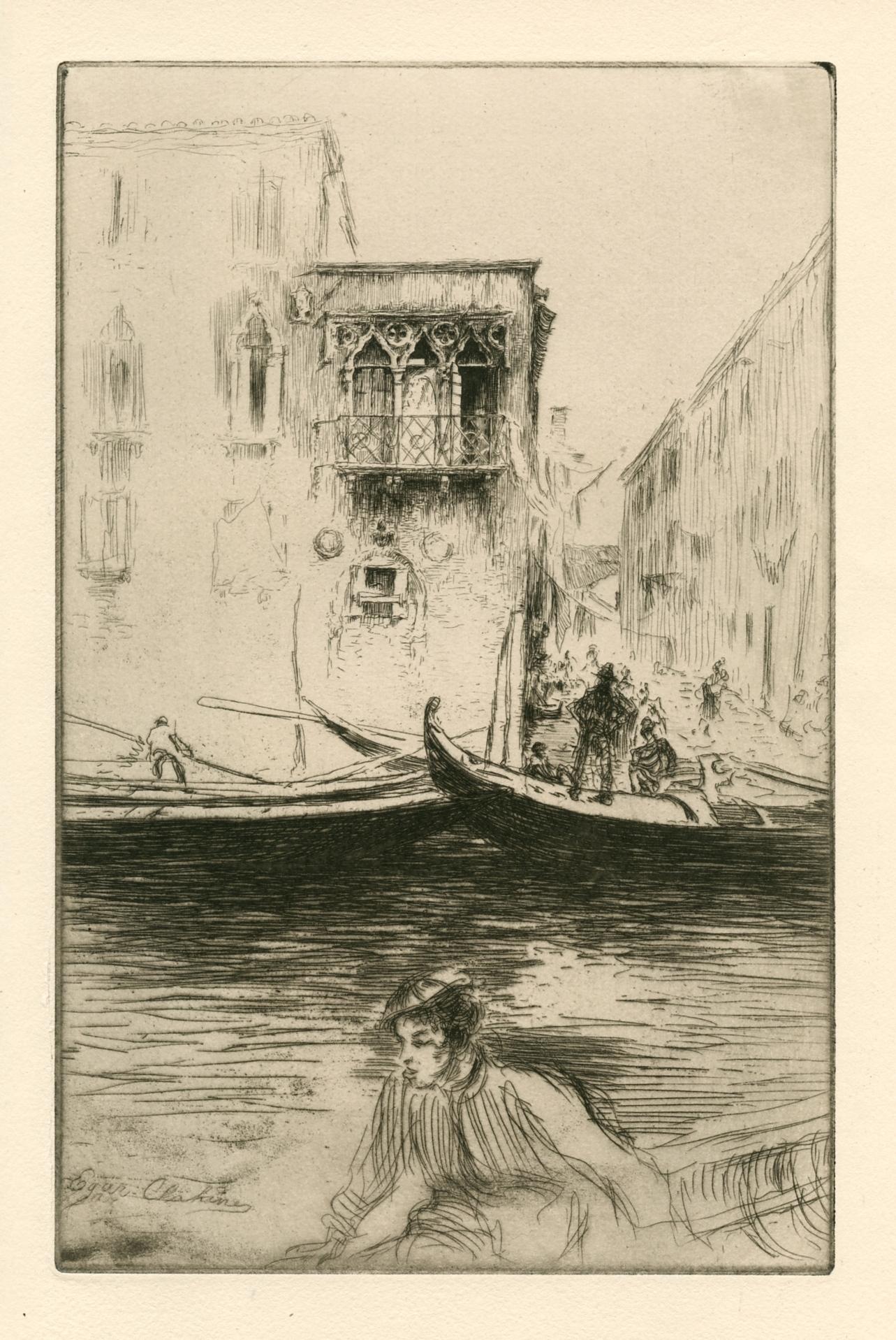 Edgar Chahine Landscape Print - "Rio Ca Foscari, Venice" original etching