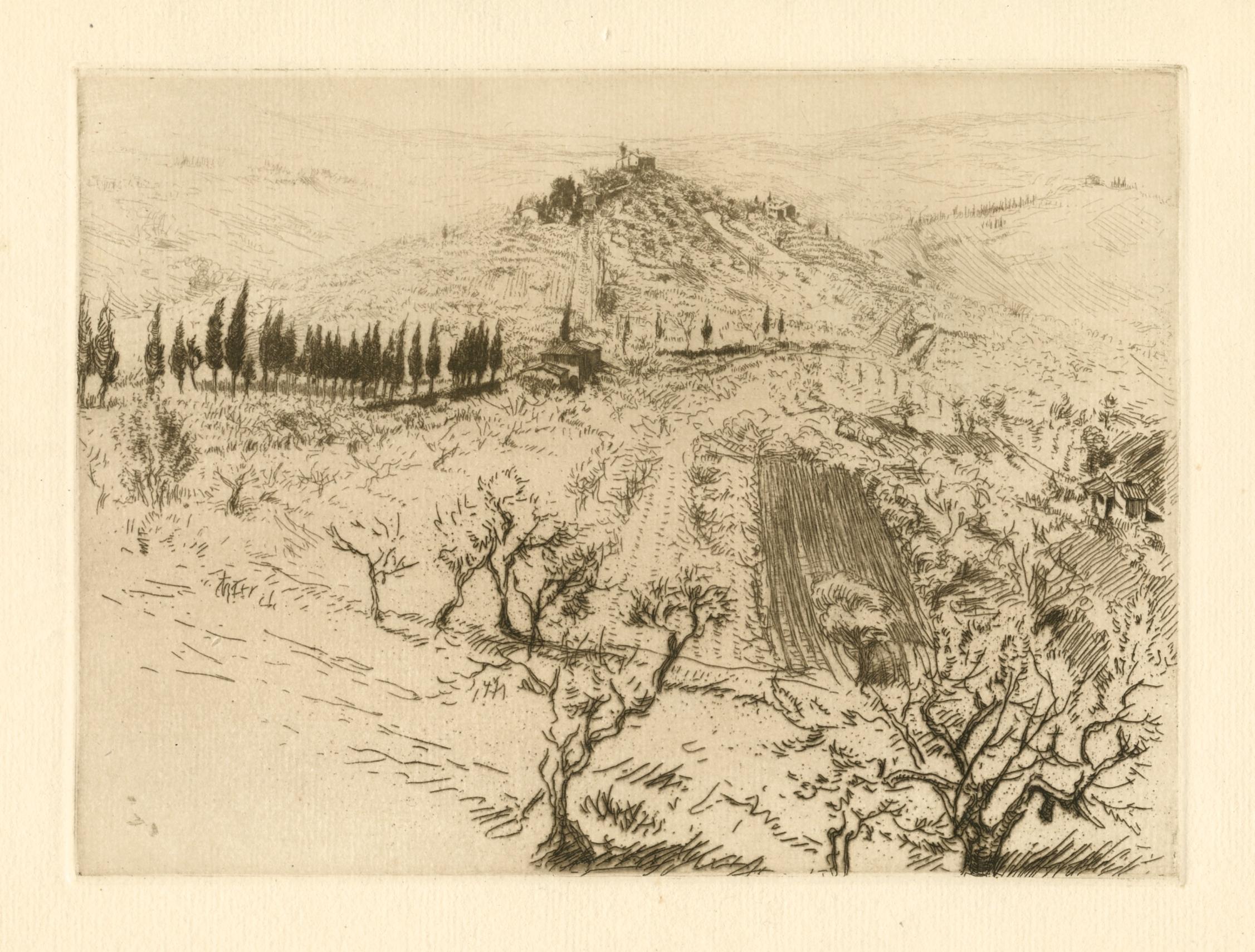 Edgar Chahine Landscape Print - "San Gimignano Colline Poggio" original etching