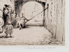 20th century etching figurative landscape city street black and white signed