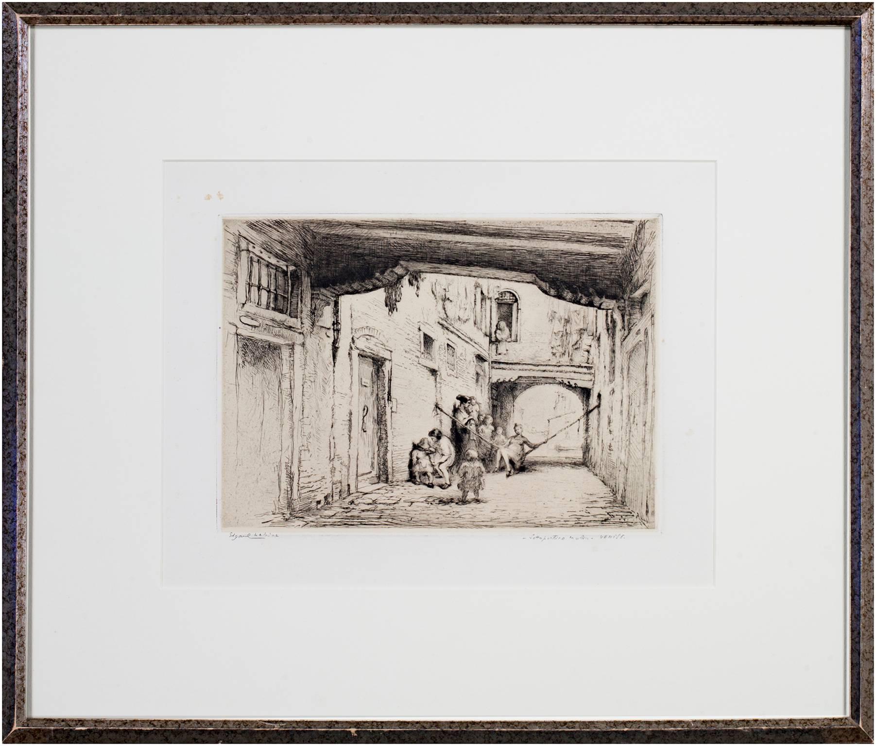 20th century etching figurative landscape city street black and white signed - Modern Print by Edgar Chahine